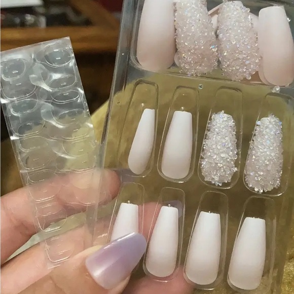 Baby Boomer Pink Gradient Press on Fake Nails Medium Coffin Bling Rhinestone - Picture 5 of 8